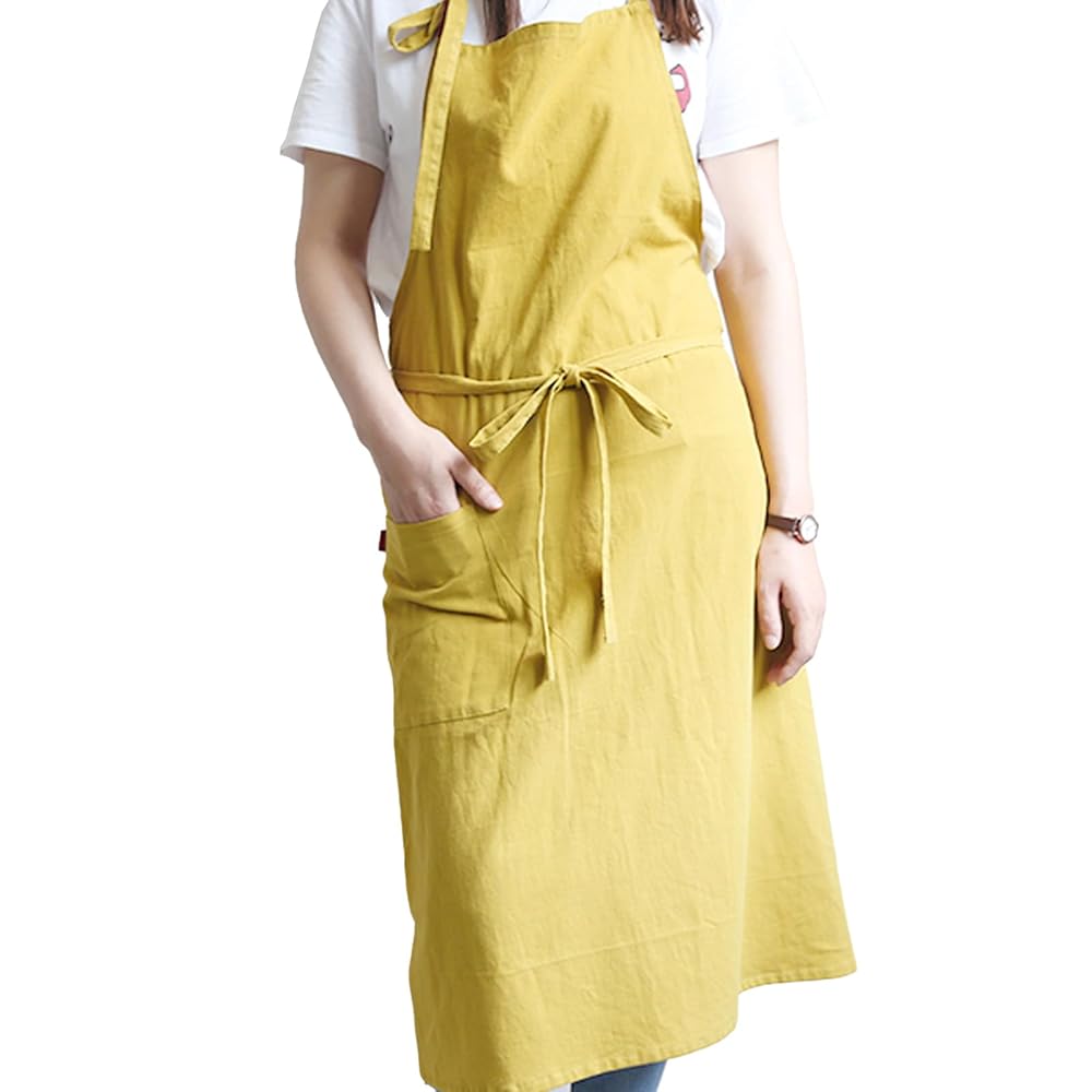 綿麻エプロン　リネンシンプル　おしゃれカフェ料理 男女　イエロー 綿麻エプロン リネンシンプル おしゃれカフェ料理 男女 イエロー 綿麻